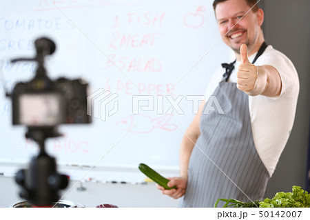 Cheerful Blogger Chef Showing Thumbup Gesture Joke Cheerful Blogger Chef Showing Thumbup Gesture Joke 50142007