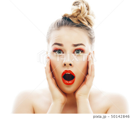 young blond woman with bright make up smiling pointing gesturing emotional isolated like doll lashes young blond woman with bright make up smiling pointing gesturing emotional isolated like doll lashes 50142846
