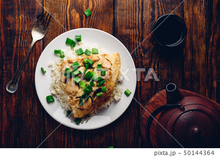 Rice with scrambled eggs, chicken and green onion Rice with scrambled eggs, chicken and green onion 50144364