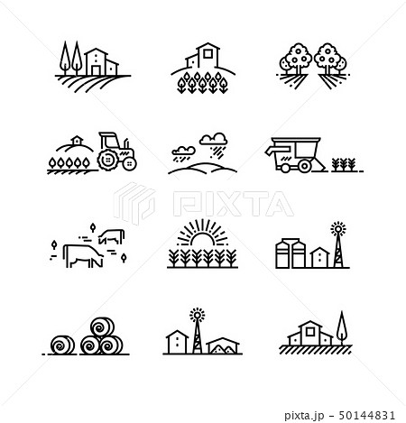 Village line landscapes with agricultural field and farm buildings. Linear farming vector concepts 50144831