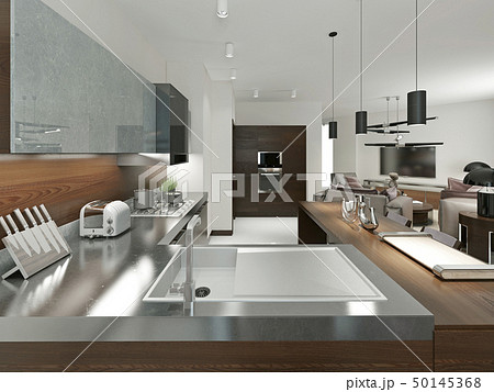 Contemporary kitchen with metal worktop. 50145368