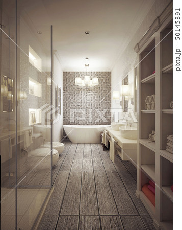Bathroom in Provencal style with patterned tiles 50145391