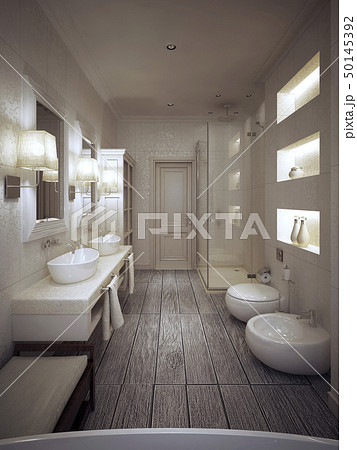Bathroom in Provencal style in beige and white Bathroom in Provencal style in beige and white 50145392