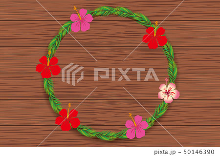 ヤシの葉 椰子の木 のリース 円形フレームとハイビスカス 夏のイメージ 茶色の木の板の背景のイラスト素材