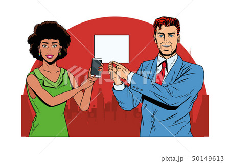 business couple with cellphone and signboard 50149613