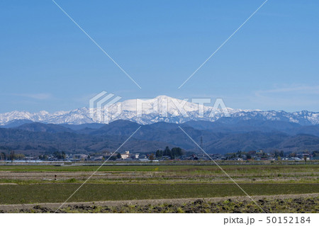 白山の遠望と田畑（石川県能美市大長野町より）2019年4月 50152184