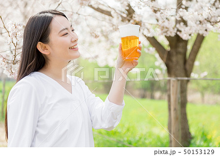 桜 女性 お花見 ビールの写真素材