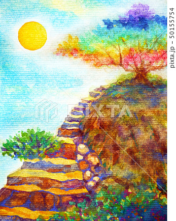 Chakra colorful tree up hill rock stair blue sky 50155754