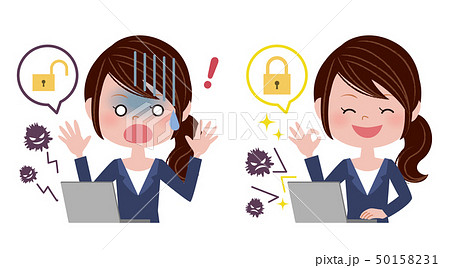 パソコンを操作するスーツの女性 ウイルス対策 情報漏洩のイラスト素材