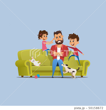 Stressed Annoyed Father Naughty Children on Sofa Stressed Annoyed Father Naughty Children on Sofa 50158672