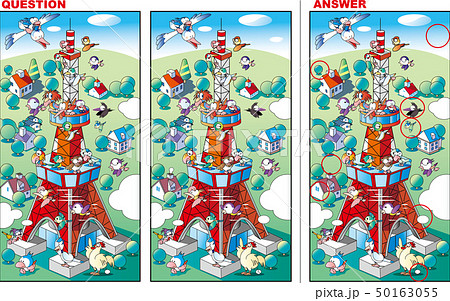 Kawano Stock Illustrations 間違い探しイラスト タワーで遊ぶ鳥