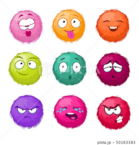 Funny colorful cartoon fluffy ball vector fuzzy characters set. Monsters with different emotion Funny colorful cartoon fluffy ball vector fuzzy characters set. Monsters with different emotion 50163383