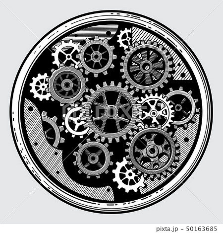 Vintage industrial machinery with gears. Cogwheel transmission in hand drawn old style vector 50163685