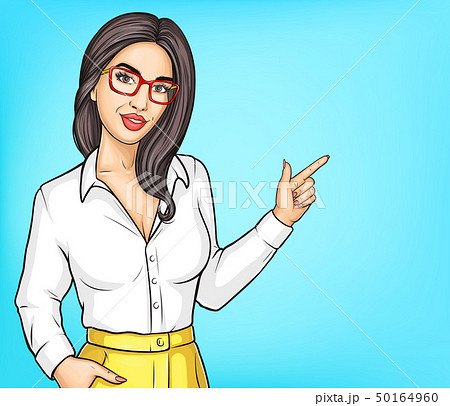 Pop art woman point with index finger on something Pop art woman point with index finger on something 50164960