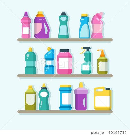 Household cleaner products and laundry goods on shelves. House cleaning service vector concept Household cleaner products and laundry goods on shelves. House cleaning service vector concept 50165752