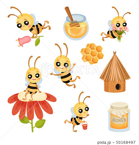 Set of cute honey bees. Vector illustration on... - Stock Illustration  [50168497] - PIXTA