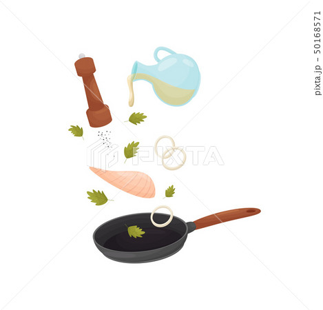 Fry chicken meat with vegetables in a pan. Vector illustration. 50168571