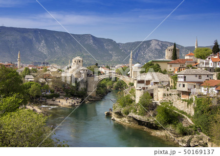 Mostar with the Old Bridge houses and minarets in 50169137