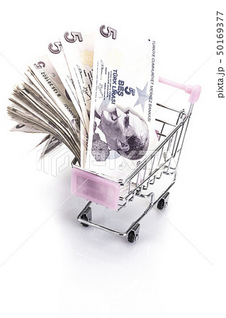 Turkish lira banknotes in a small trolley on white 50169377