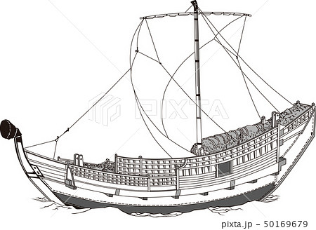 浮世絵 船 その2 白黒のイラスト素材