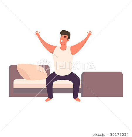 lazy man happy waking up in the bed rising hands lazy man happy waking up in the bed rising hands 50172034