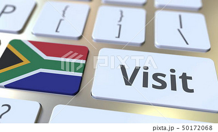 VISIT text and flag of South Africa on the buttons on the computer keyboard. Conceptual 3D rendering 50172068