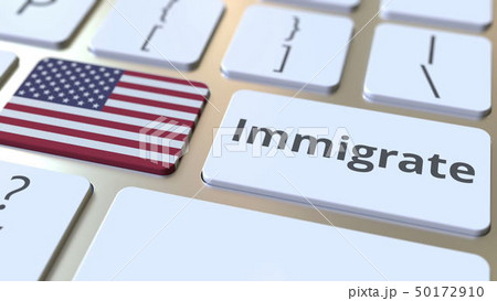 IMMIGRATE text and flag of the United States on the buttons on the computer keyboard. Conceptual 3D 50172910