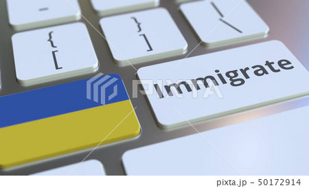 IMMIGRATE text and flag of Ukraine on the buttons on the computer keyboard. Conceptual 3D rendering 50172914