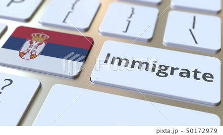 IMMIGRATE text and flag of Serbia on the buttons on the computer keyboard. Conceptual 3D rendering 50172979