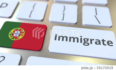 IMMIGRATE text and flag of Portugal on the buttons on the computer keyboard. Conceptual 3D rendering 50173019