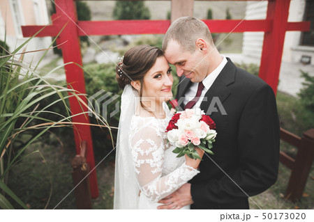Beautiful romantic wedding couple of newlyweds hugging near old castle 50173020