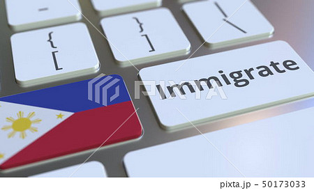IMMIGRATE text and flag of Philippines on the buttons on the computer keyboard. Conceptual 3D 50173033