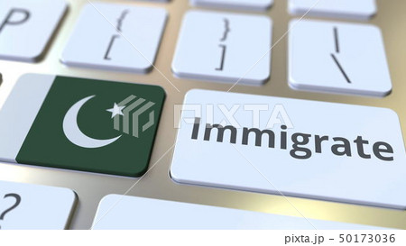 IMMIGRATE text and flag of Pakistan on the buttons on the computer keyboard. Conceptual 3D rendering 50173036
