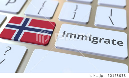 IMMIGRATE text and flag of Norway on the buttons on the computer keyboard. Conceptual 3D rendering 50173038