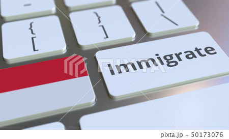 IMMIGRATE text and flag of Indonesia on the buttons on the computer keyboard. Conceptual 3D 50173076