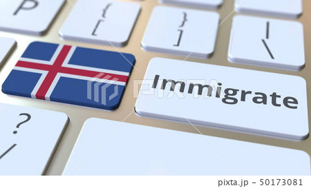 IMMIGRATE text and flag of Iceland on the buttons on the computer keyboard. Conceptual 3D rendering 50173081