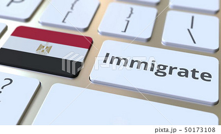 IMMIGRATE text and flag of Egypt on the buttons on the computer keyboard. Conceptual 3D rendering 50173108