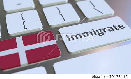 IMMIGRATE text and flag of Denmark on the buttons on the computer keyboard. Conceptual 3D rendering 50173115