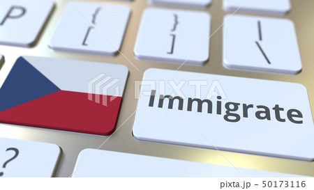 IMMIGRATE text and flag of the Czech Republic on the buttons on the computer keyboard. Conceptual 3D 50173116