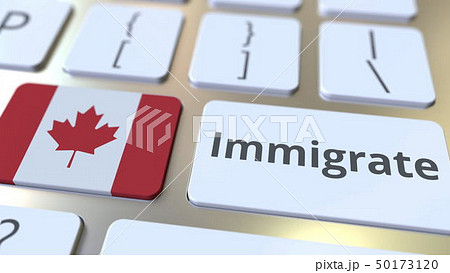 IMMIGRATE text and flag of Canada on the buttons on the computer keyboard. Conceptual 3D rendering IMMIGRATE text and flag of Canada on the buttons on the computer keyboard. Conceptual 3D rendering 50173120