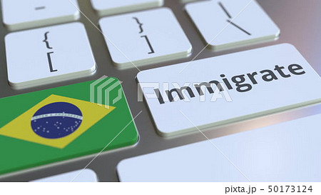 IMMIGRATE text and flag of Brazil on the buttons on the computer keyboard. Conceptual 3D rendering 50173124