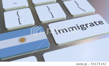 IMMIGRATE text and flag of Argentina on the buttons on the computer keyboard. Conceptual 3D 50173142