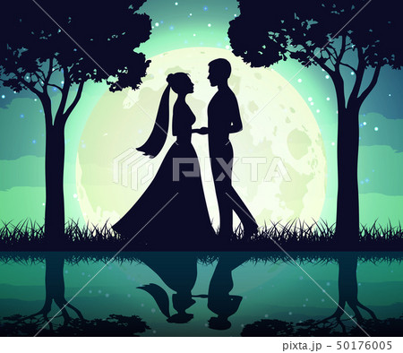 Silhouettes of the bride and groom on the moon background 50176005