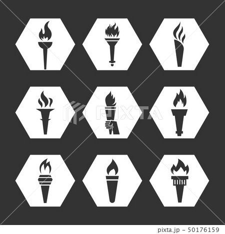 Grey flat torch with flame icons set Grey flat torch with flame icons set 50176159