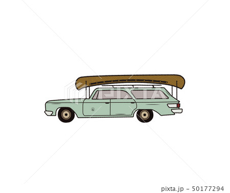 Vintage hand drawn camp car. Retro transportation with canoe. Old style automobile. Perfect for T 50177294