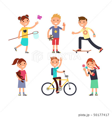 Playing children with toys. Happy kids in playground vector set 50177417