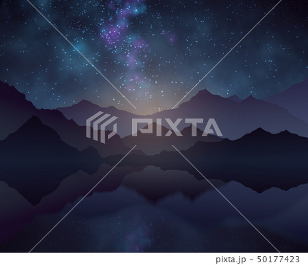 Nature night vector background with starry sky, mountains and water surface 50177423