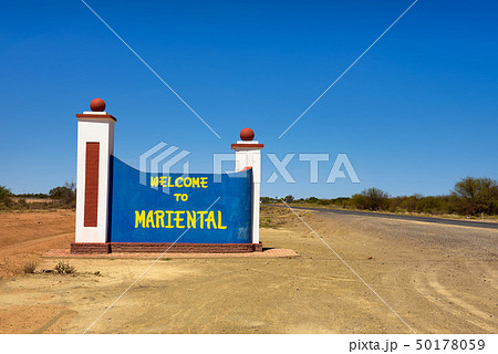 Welcome to Mariental road sign between Windhoek and Keetmanshoop in Namibia 50178059