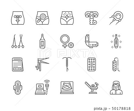 Set of Gynecology Line Icons. Thermometer, Pregnancy Test, Tampon and more 50178818