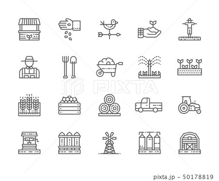 Set of Farming and Agriculture Line Icons. Farmer, Tractor, Millwheel and more. 50178819